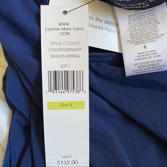 Carmen Marc Valvo Halter Ruffle One Piece Navy Blue Swimsuit Size 4 NWT - Picture 7 of 11